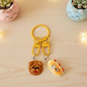 Handmade Cute Yellow Small Pets Keychain with Dog & Snack Charms